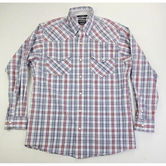 Ariat Stretch Medium Mens White Burgundy Gray Check Embroidered Logo Pearl Snap - Picture 5 of 12